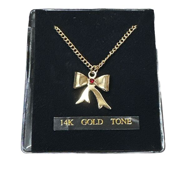 Unbranded Jewelry - 14K Gold Tone Bow Necklace Red Center Stone Costume Jewelry Vintage Inspired